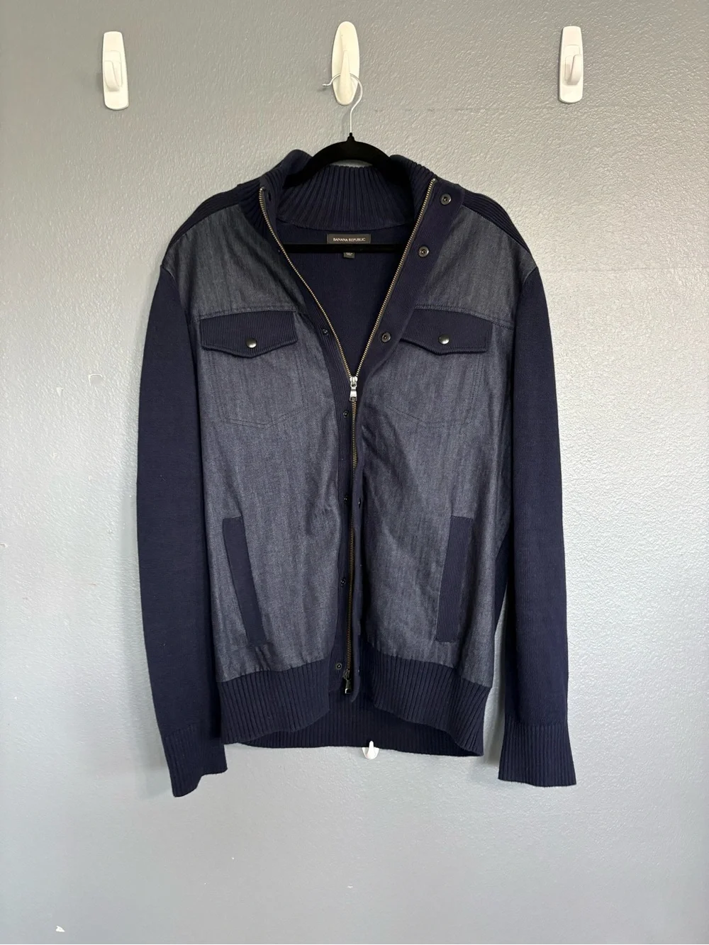 Banana Republic Men's Navy Mixed-Media Sweater Jacket Full Zip Size XL